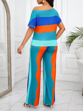 Rainbow Striped Open Shoulder Short Sleeve Top And Pants Set, Daily Casual Wear